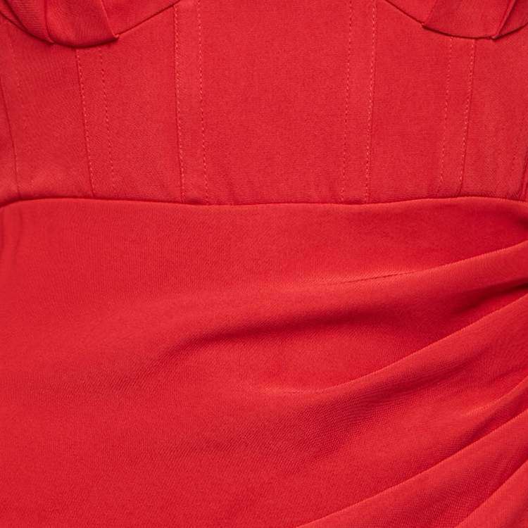 Pre Owned Self-Portrait Red Stretch Crepe Ruched Midi Dress S