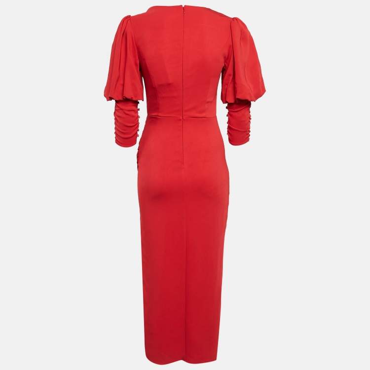 Pre Owned Self-Portrait Red Stretch Crepe Ruched Midi Dress S