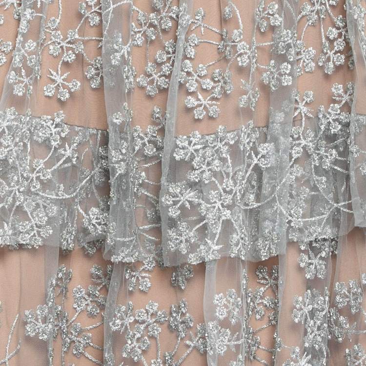 Pre Owned Self-Portrait Grey Blossom Embroidery Tulle Tiered Maxi Dress M