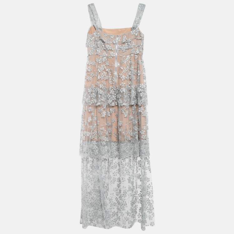 Pre Owned Self-Portrait Grey Blossom Embroidery Tulle Tiered Maxi Dress M