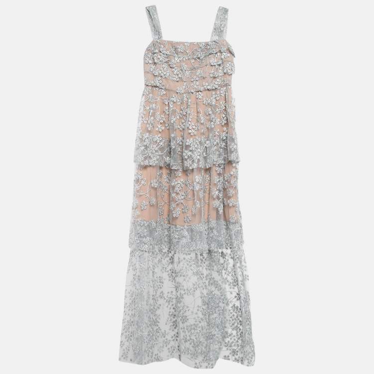 Pre Owned Self-Portrait Grey Blossom Embroidery Tulle Tiered Maxi Dress M