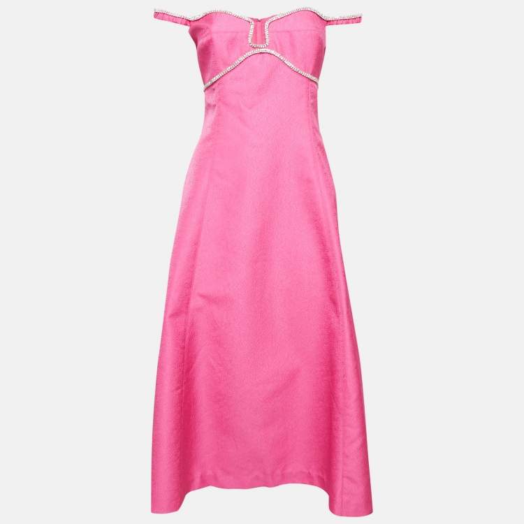 Pre Owned Self-Portrait Pink Textured Crepe Diamante Detail Midi Dress L