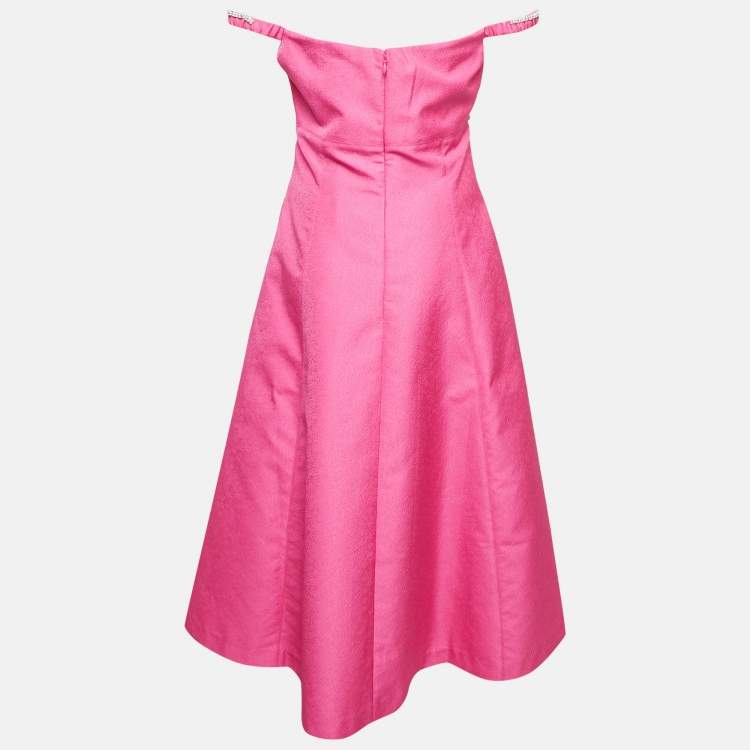 Pre Owned Self-Portrait Pink Textured Crepe Diamante Detail Midi Dress L