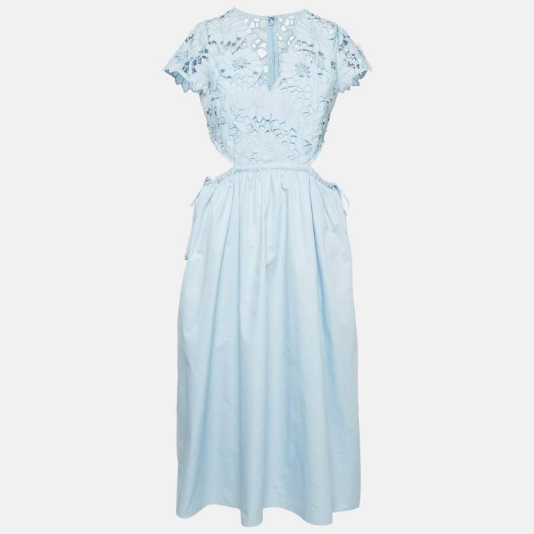 Pre Owned  Self-Portrait Light Blue Floral Guipure and Cotton Cut-Out Detail Midi Dress M