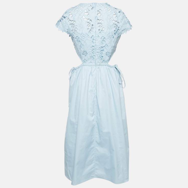 Pre Owned  Self-Portrait Light Blue Floral Guipure and Cotton Cut-Out Detail Midi Dress M