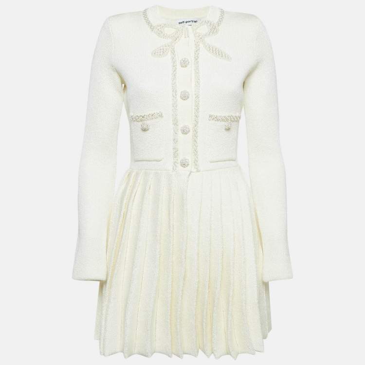 Pre Owned Self-Portrait Cream Knit Bow Embellishment Detail Pleated Mini Dress M
