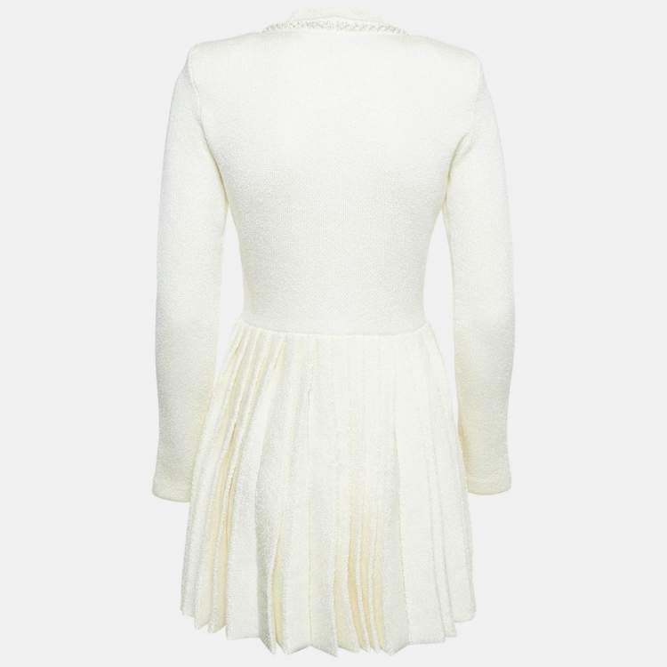Pre Owned Self-Portrait Cream Knit Bow Embellishment Detail Pleated Mini Dress M
