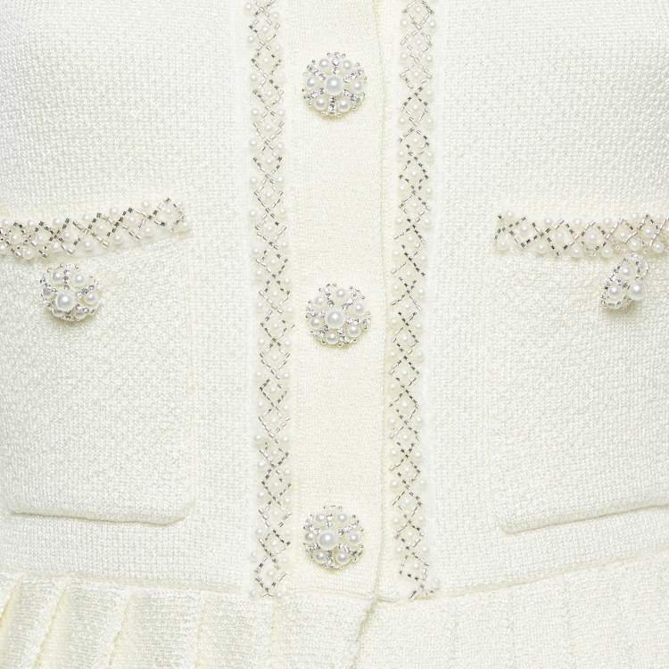 Pre Owned Self-Portrait Cream Knit Bow Embellishment Detail Pleated Mini Dress M