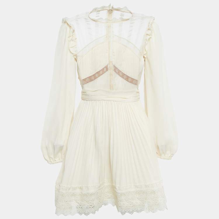 Pre Owned Self-Portrait Cream Crepe Lace Trimmed Mini Dress M