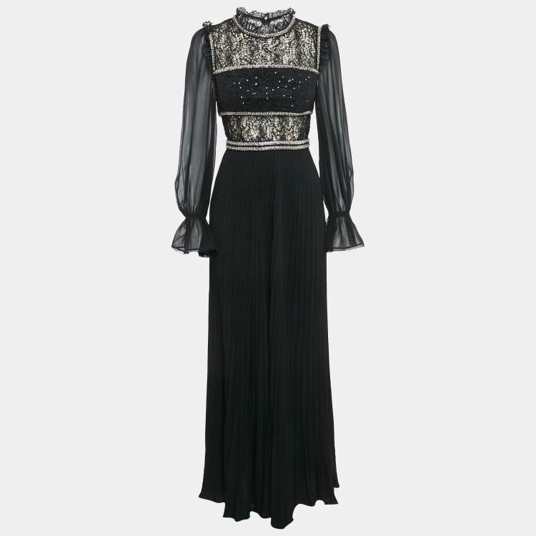 Pre Owned Self-Portrait Black Chiffon and Sequin Circle Lace Maxi Dress S