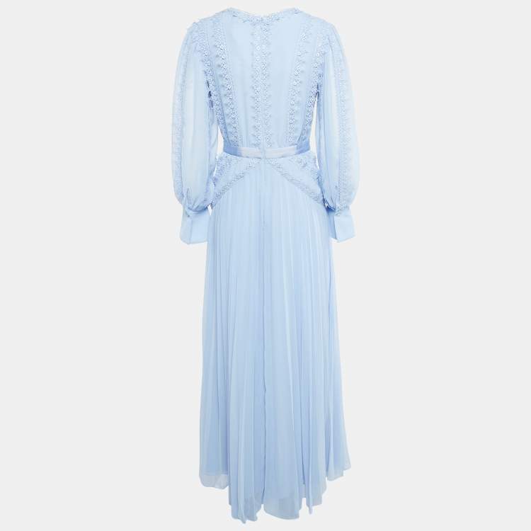 مملوكة مسبقًا Self-Portrait Light Blue Chiffon Lace Trimmed Maxi Dress M