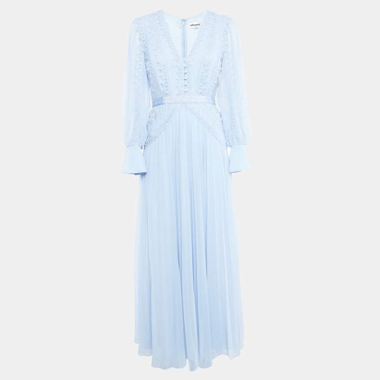 مملوكة مسبقًا Self-Portrait Light Blue Chiffon Lace Trimmed Maxi Dress M