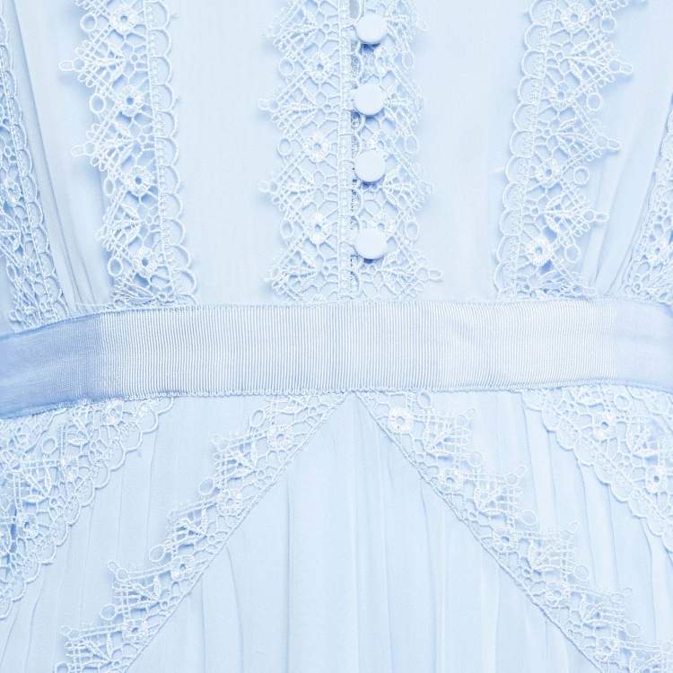 مملوكة مسبقًا Self-Portrait Light Blue Chiffon Lace Trimmed Maxi Dress M