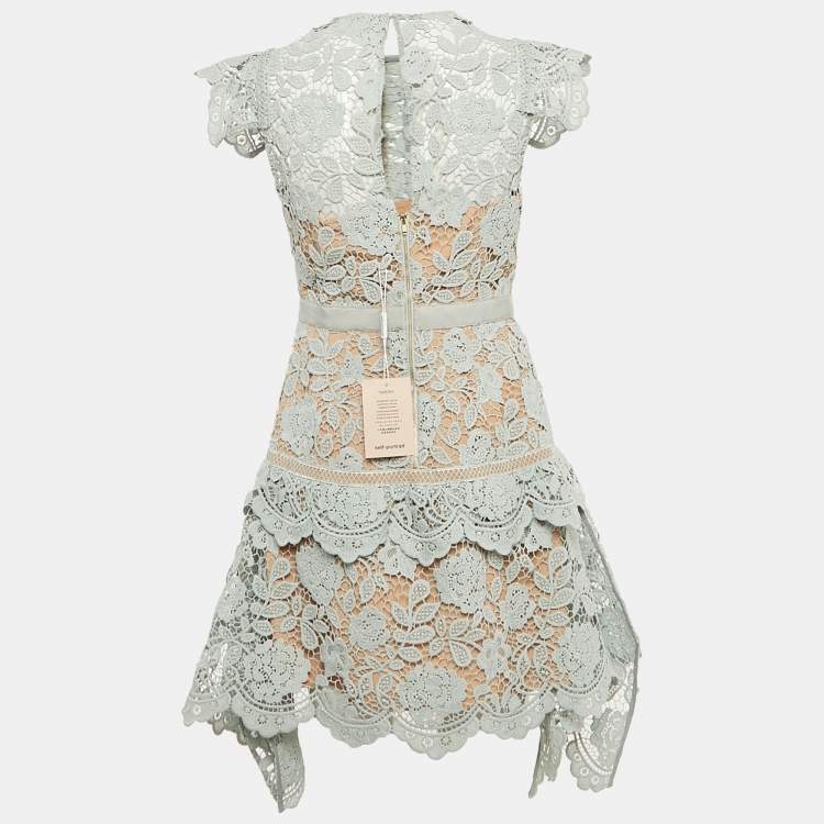 Pre Owned Self-Portrait Mint Green Floral Guipure Lace Mini Dress M