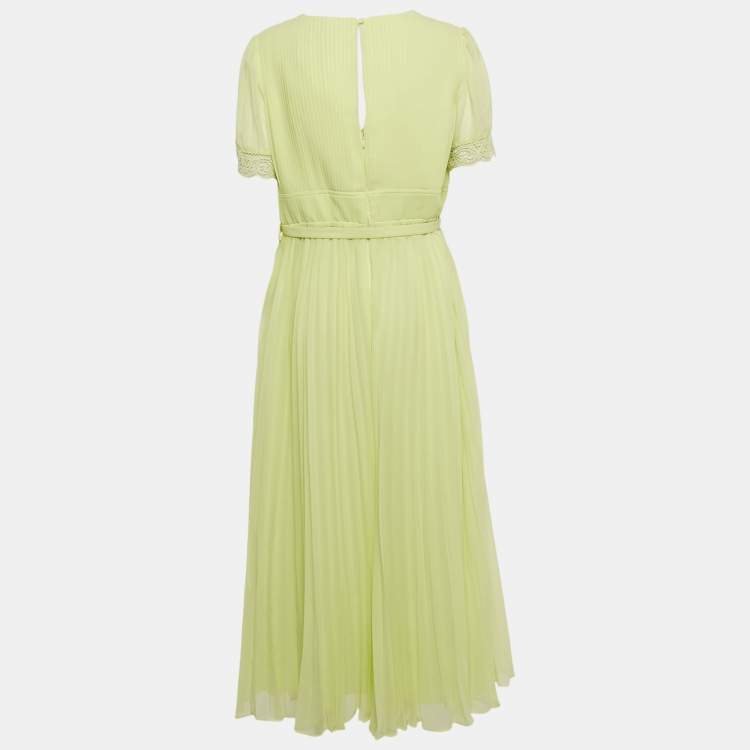 Pre Owned Self-Portrait Lime Green Chiffon Lace Trim Pleated Midi Dress L