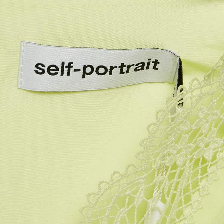 Pre Owned Self-Portrait Lime Green Chiffon Lace Trim Pleated Midi Dress L