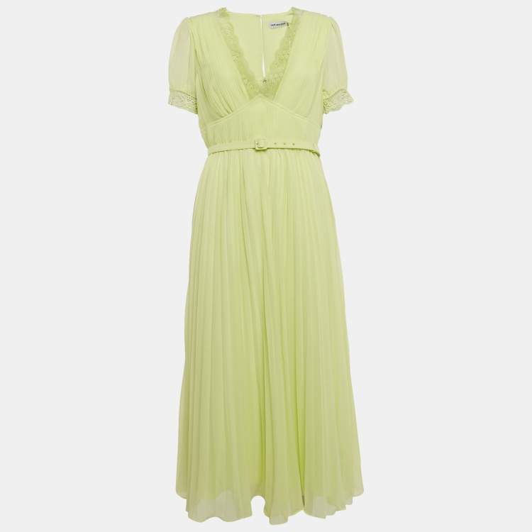 Pre Owned Self-Portrait Lime Green Chiffon Lace Trim Pleated Midi Dress L
