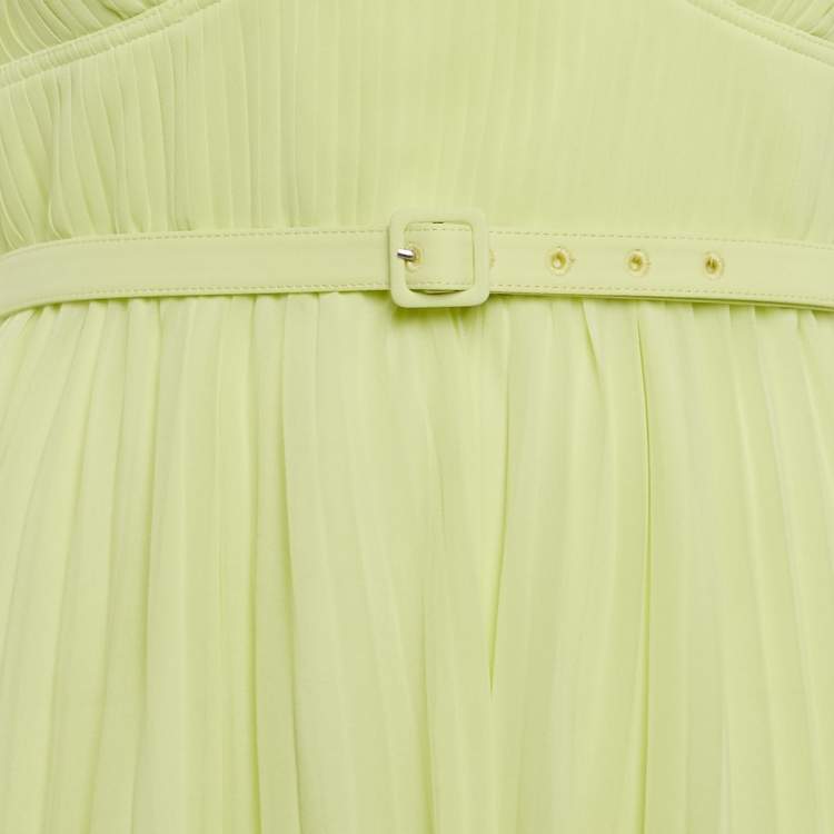 Pre Owned Self-Portrait Lime Green Chiffon Lace Trim Pleated Midi Dress L