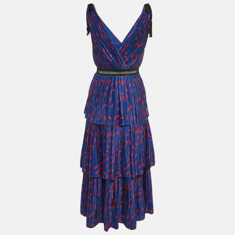 Pre Owned Self-Portrait Blue Printed Plissé Satin Tiered Midi Dress S