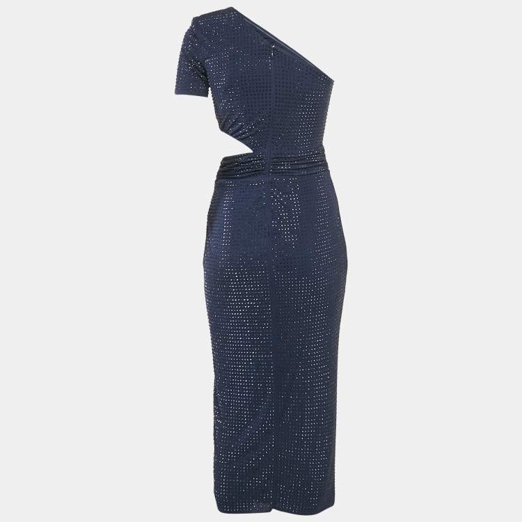 Pre Owned Self-Portrait Navy Blue Rhinestone Embellish Jersey One-Shoulder Midi Dress S
