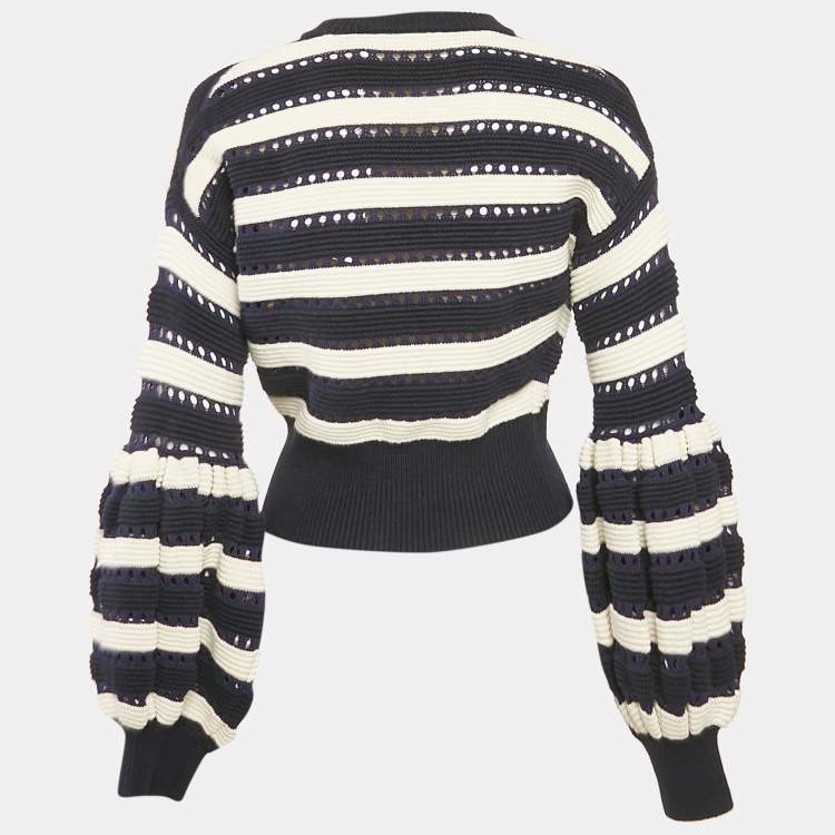 Pre Owned Self-Portrait Navy Blue/Cream Striped Knit Baloon Sleeve Jumper M