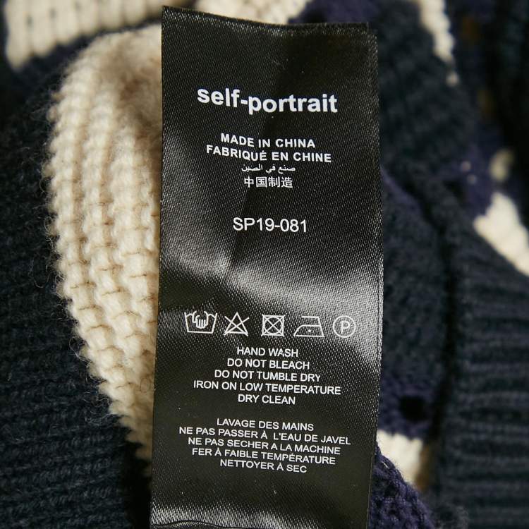 Pre Owned Self-Portrait Navy Blue/Cream Striped Knit Baloon Sleeve Jumper M
