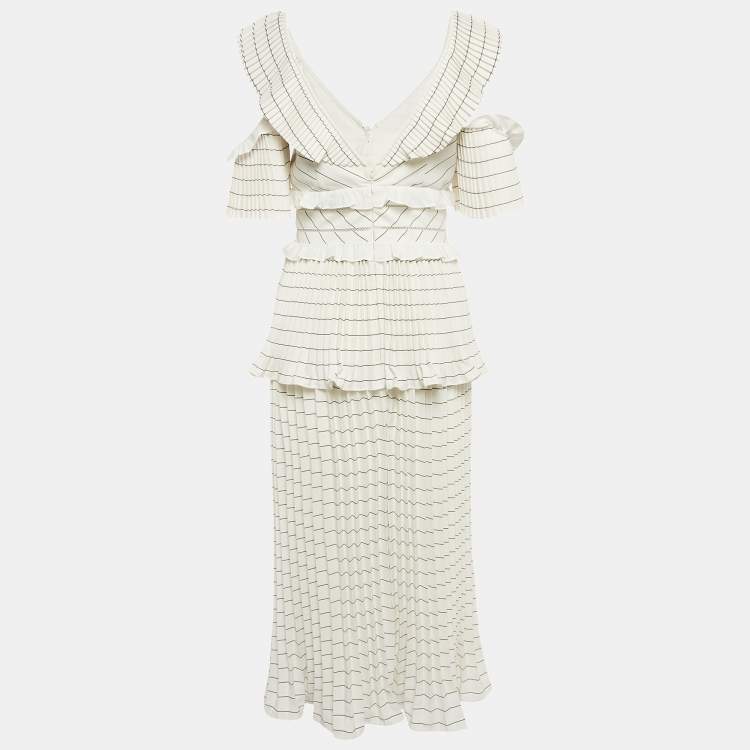 Pre Owned Self-Portrait White Monochrome Stripe Chiffon Midi Dress M