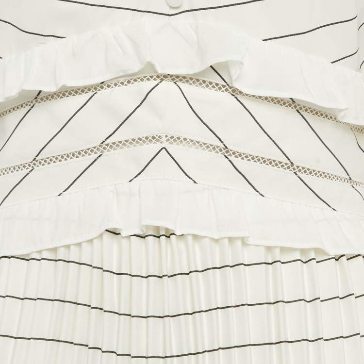 Pre Owned Self-Portrait White Monochrome Stripe Chiffon Midi Dress M