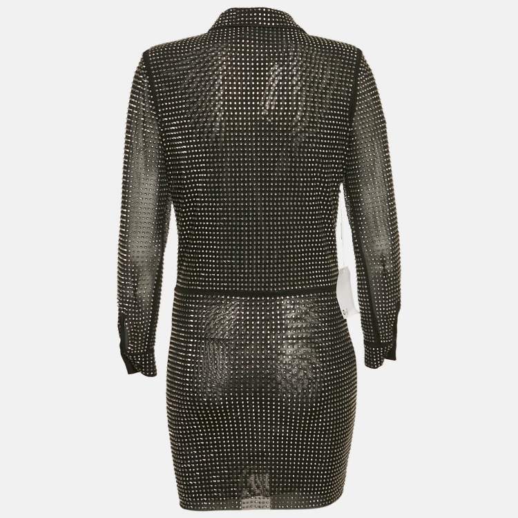 Pre Owned Self-Portrait Black Rhinestone Stretch Tulle Mini Shirt Dress S