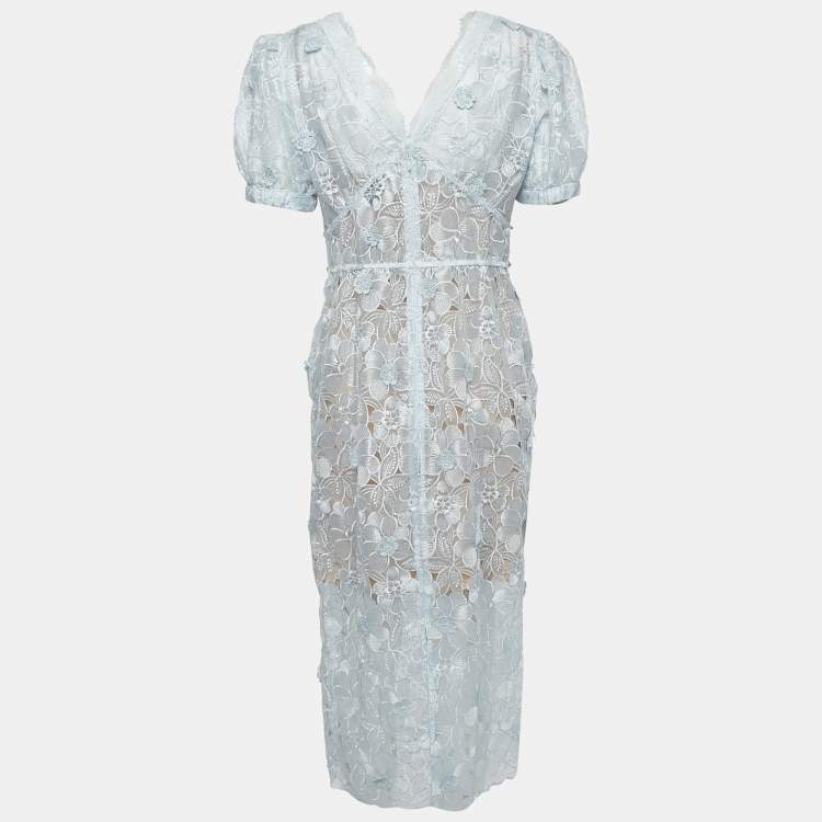 Pre Owned Self-Portrait Blue Floral Organza Lace Studded Button Detail Midi Dress M