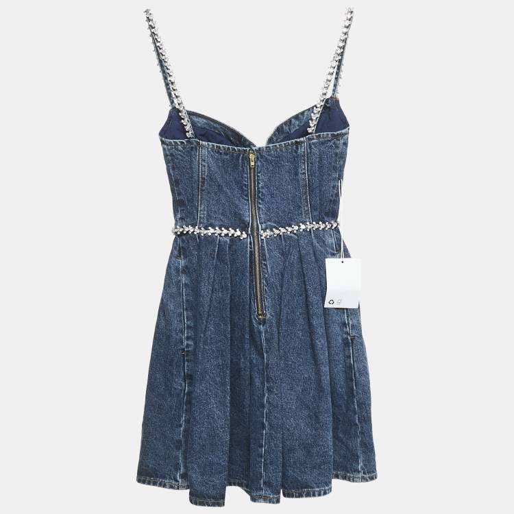 Pre Owned Self-Portrait Blue Crystal Embellished Denim Sweetheart Neck Mini Dress S