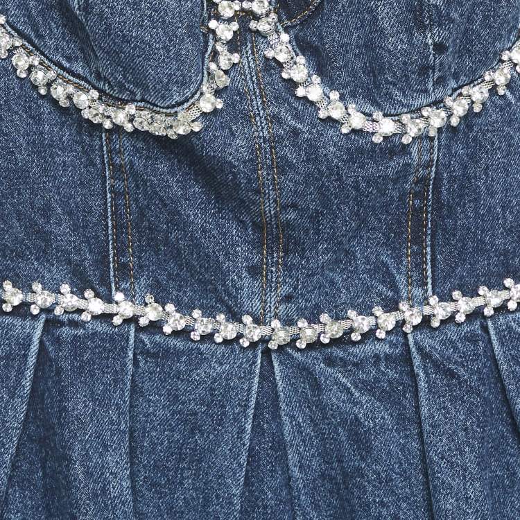 Pre Owned Self-Portrait Blue Crystal Embellished Denim Sweetheart Neck Mini Dress S