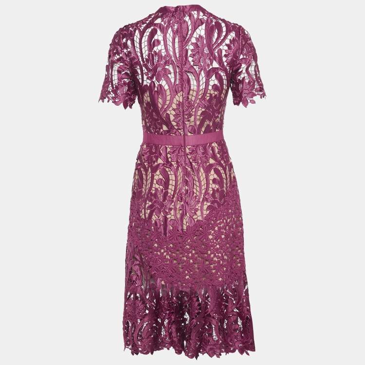 Pre Owned Self-Portrait Burgundy Floral Lace Midi Dress S