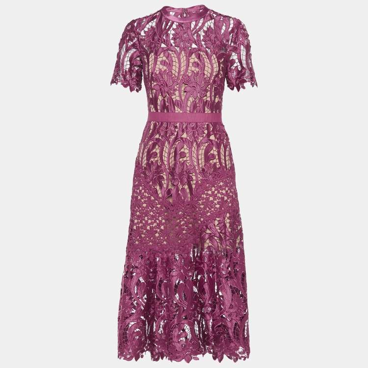 Pre Owned Self-Portrait Burgundy Floral Lace Midi Dress S