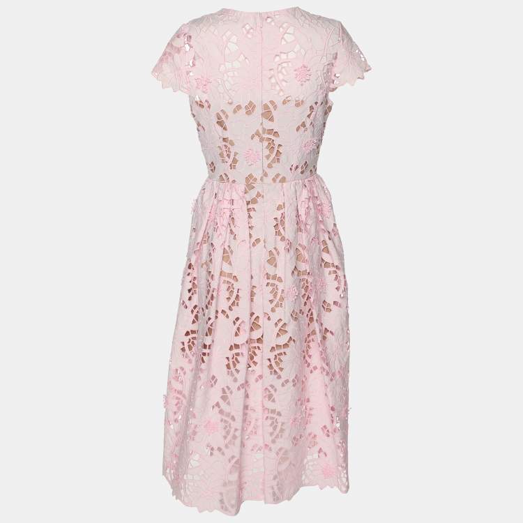 Pre Owned Self-Portrait Pink Lace Cotton Guipure Midi Dress S
