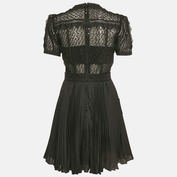 Pre Owned Self-Portrait Black Mesh Sequin Embellished Puff Sleeve Mini Dress S