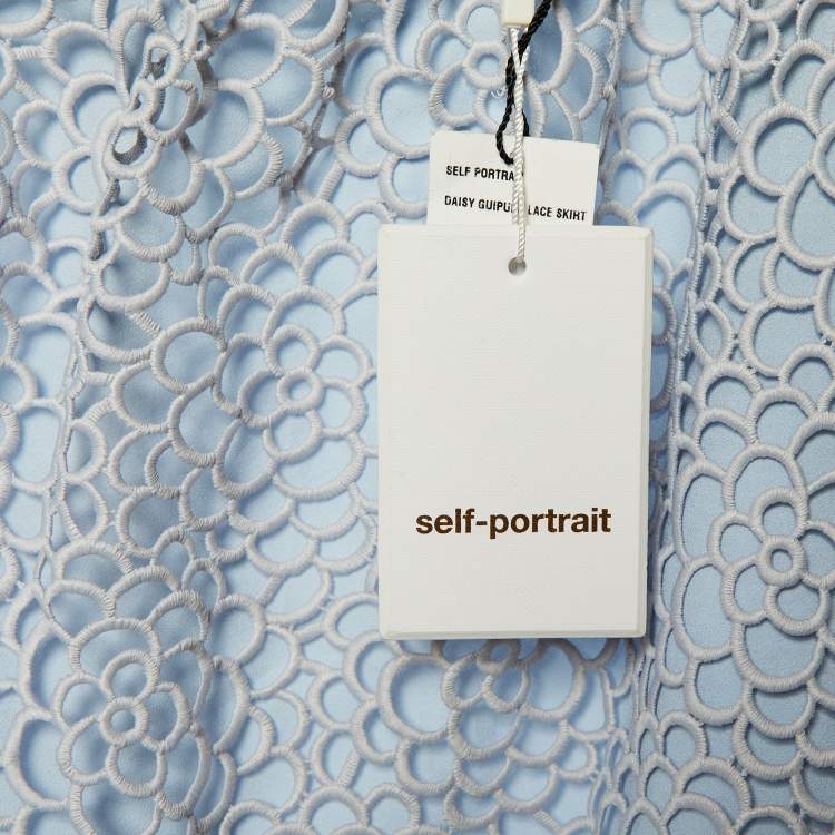 Pre Owned Self-Portrait Blue Daisy Guipure Lace Midi Skirt M