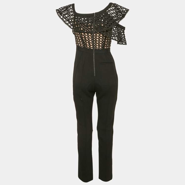 Pre Owned Self-Portrait Black Crepe and Lace Frill Asymmetric Jumpsuit S