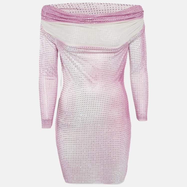 Pre Owned Self-Portrait Pink Rhinestone Contour Print Mesh Mini Dress M