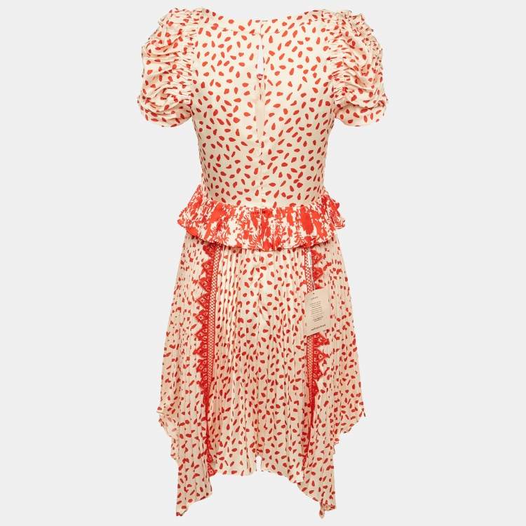 Pre Owned Self-Portrait Beige/Red Printed Satin Handkerchief Dress S