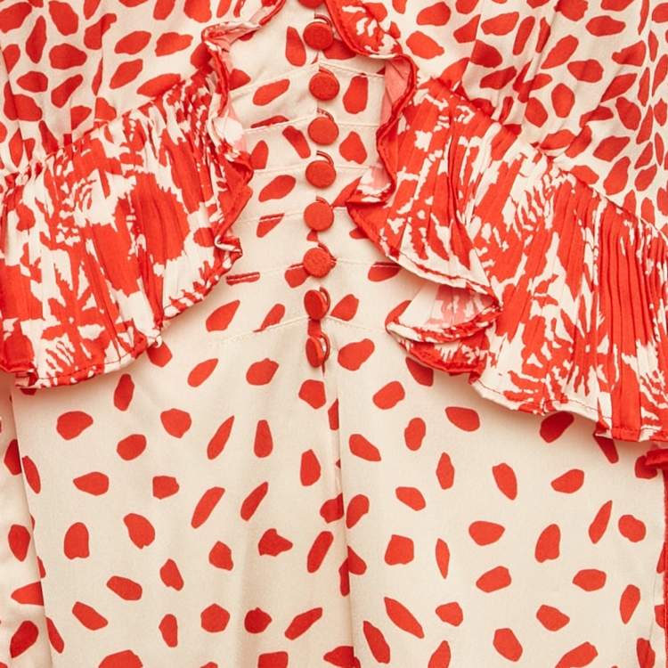Pre Owned Self-Portrait Beige/Red Printed Satin Handkerchief Dress S