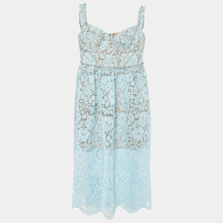 Pre Owned Self-Portrait Blue Cord Lace Diamante Sleeveless Midi Dress S