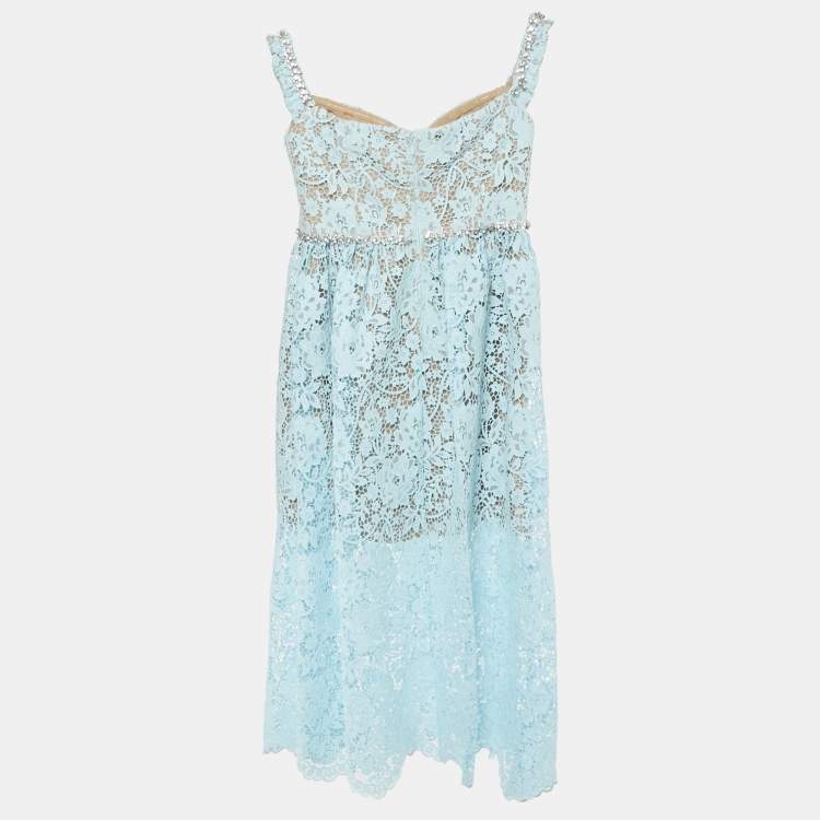Pre Owned Self-Portrait Blue Cord Lace Diamante Sleeveless Midi Dress S