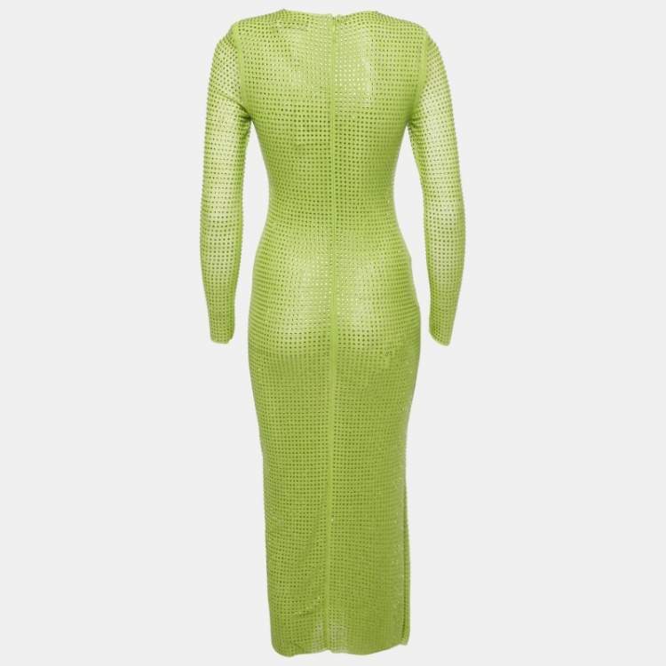 Pre Owned Self-Portrait Green Studded Mesh Long Sleeve Midi Dress S
