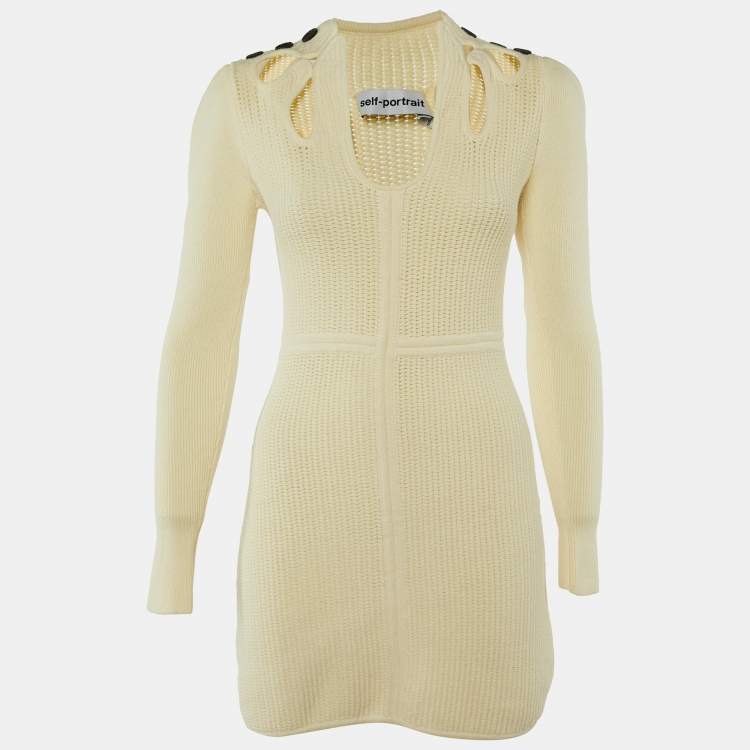 Pre Owned Self-Portrait Ivory Ribbed Knit Cut-Out Mini Dress S