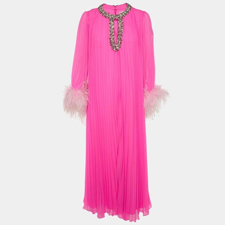 Pre Owned SELF-PORTRAIT Pink Plisse Embellished Feather Maxi Dress S