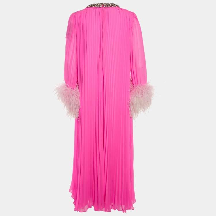 Pre Owned SELF-PORTRAIT Pink Plisse Embellished Feather Maxi Dress S