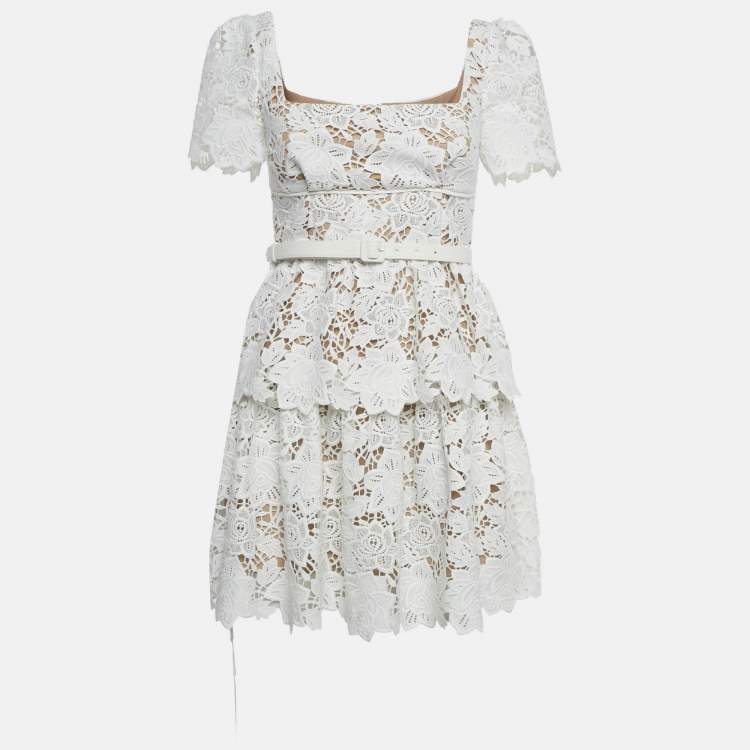 Pre Owned Self-Portrait White Floral Lace Tiered Mini Dress S