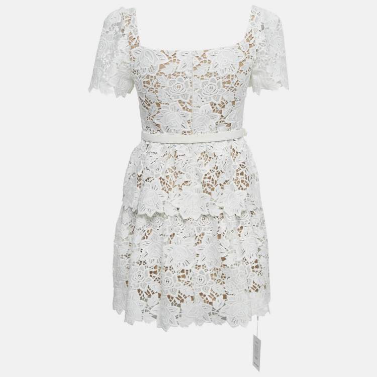 Pre Owned Self-Portrait White Floral Lace Tiered Mini Dress S