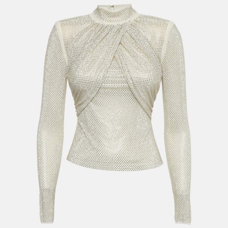 Pre Owned Self-Portrait Beige Rhinestone Embellished Mesh Top S 